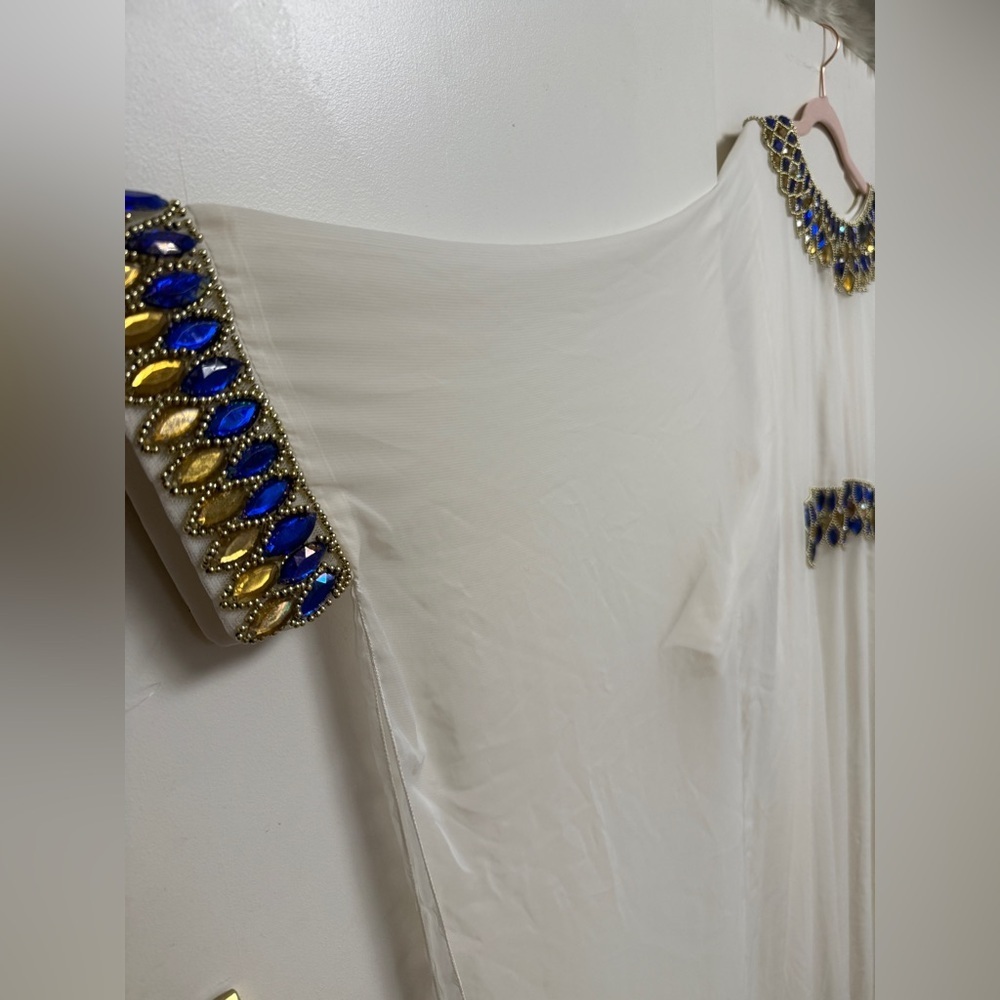 Embellished Ivory Maxi Dress with Blue & Gold Accents - Picture 2 of 7